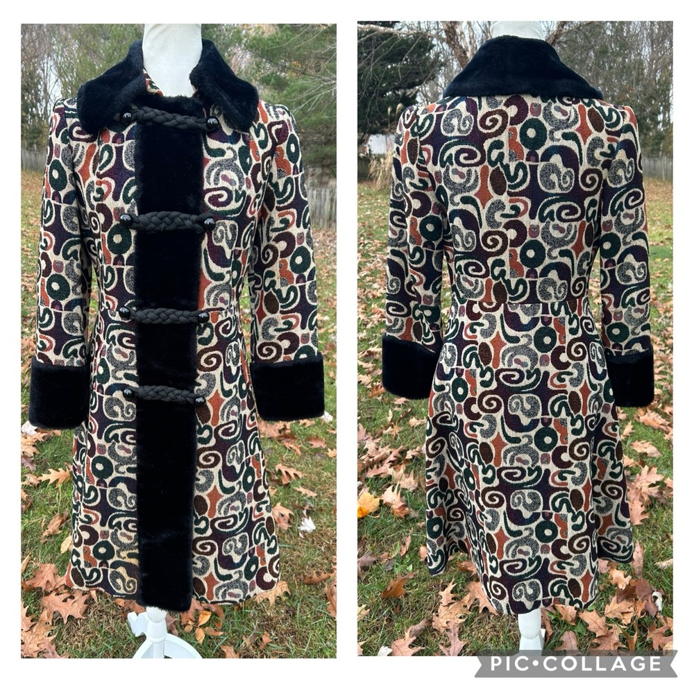 Vintage 60s Penny Lane Tapesty Faur Fur Collar Cuff Princess Coat Mod Boho S